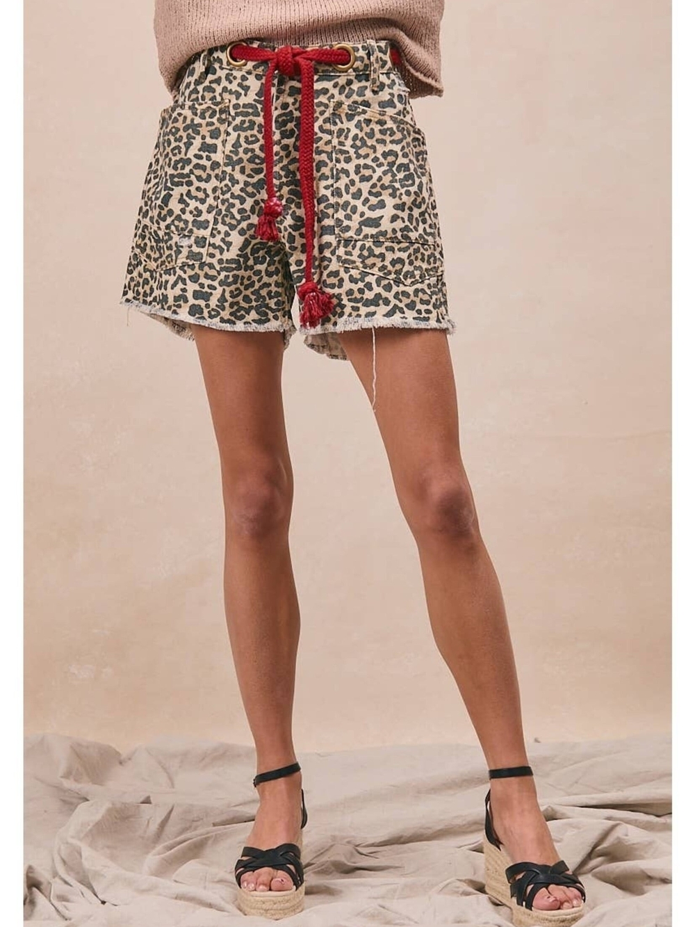 BiBi Leopard Print Denim Shorts with Red Rope Tie